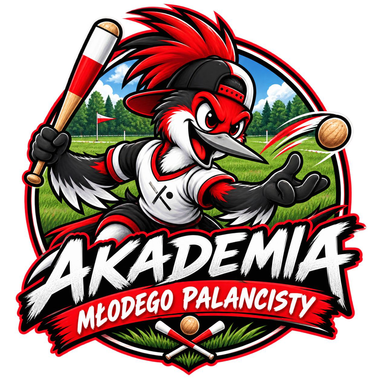 Logo Akademii Młodego Palancisty - dzięcioł z kijem do palanta